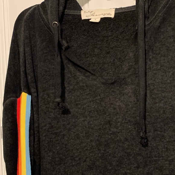 Vintage Havana Heather Charcoal grey hoodie with rainbow sleeve taping, Small - Picture 3 of 5
